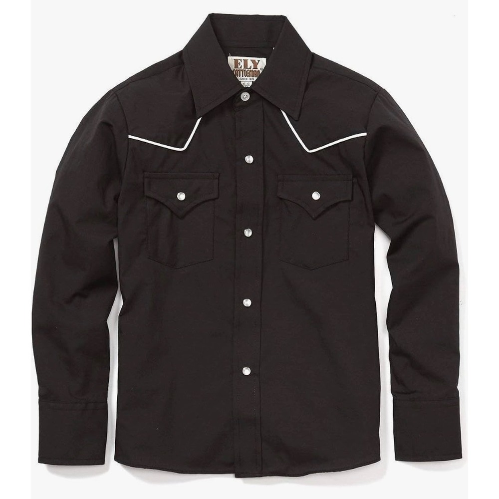 NEW Ely Cattleman Kids Large Pearl Snap Black with white trim Cotton